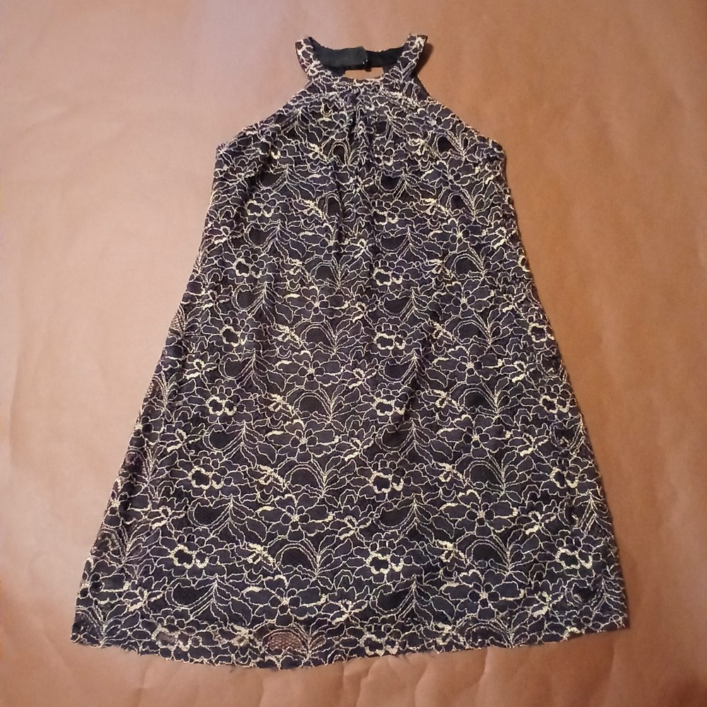 A. Byer black and gold overlay lace halter neck shift Dress Medium Fancy